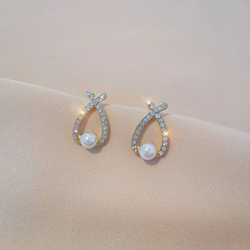 Elegant Pearl Drop Earrings with Crystal Studded Teardrop Design for Women