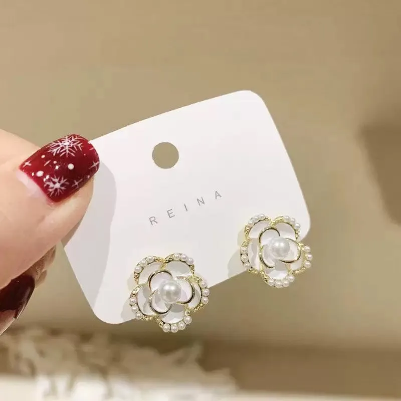 Elegant Pearl Flower Stud Earrings for Women & Girls – Gold Plated Designer Jewellery