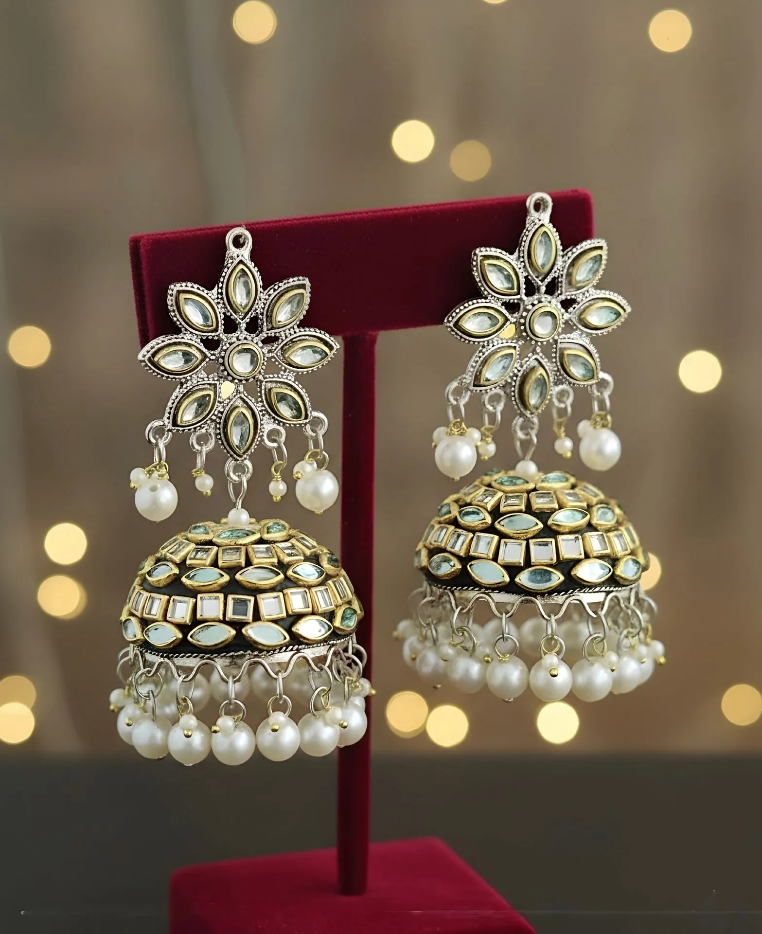 Premium Kundan & Faux Pearl Embellished Jhumkas