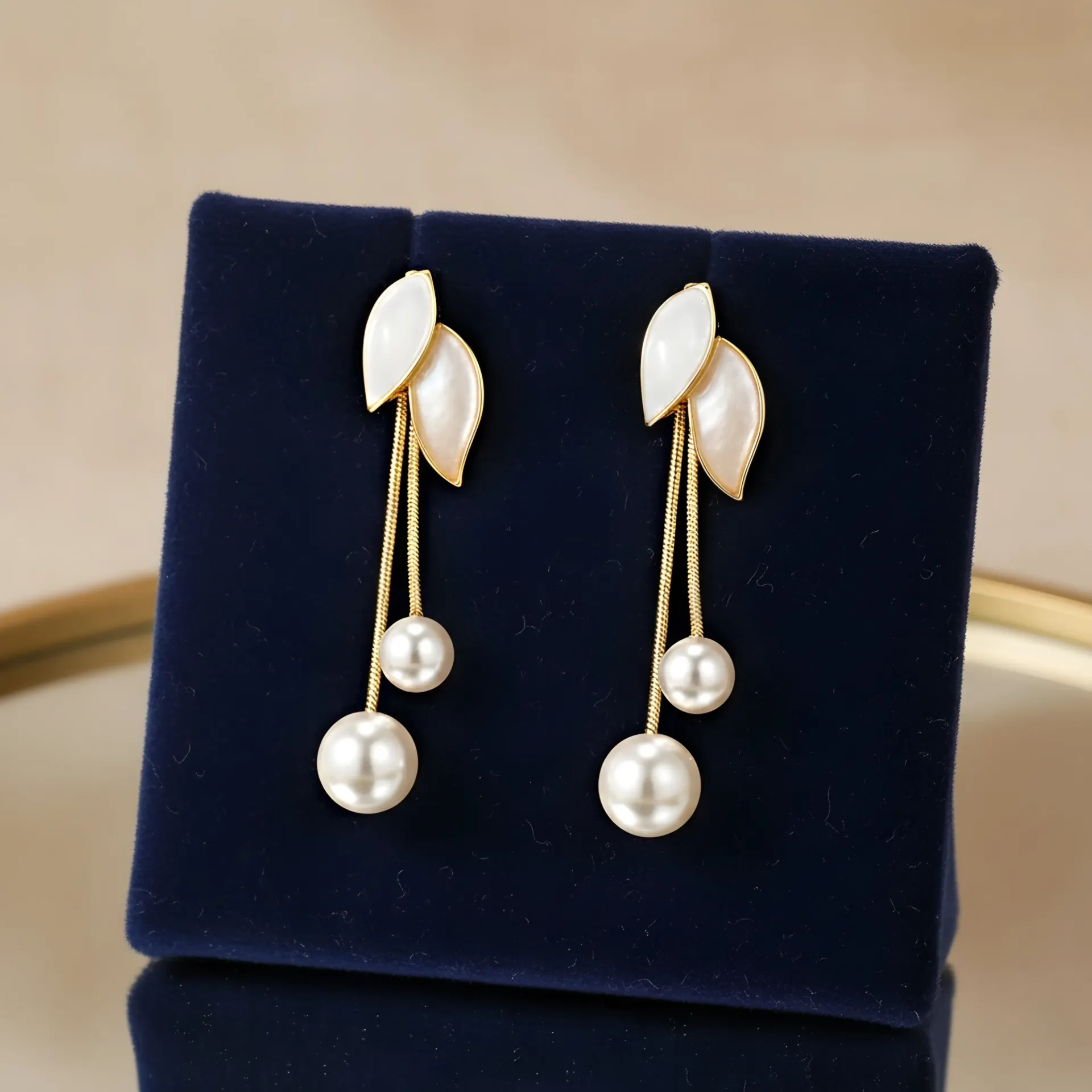 Golden Leaf & Pearl Drop Dangle Earrings