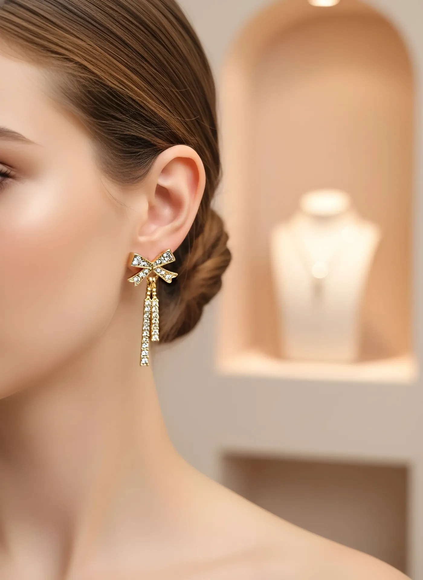 Sparkling Rhinestone Bow Dangle Earrings